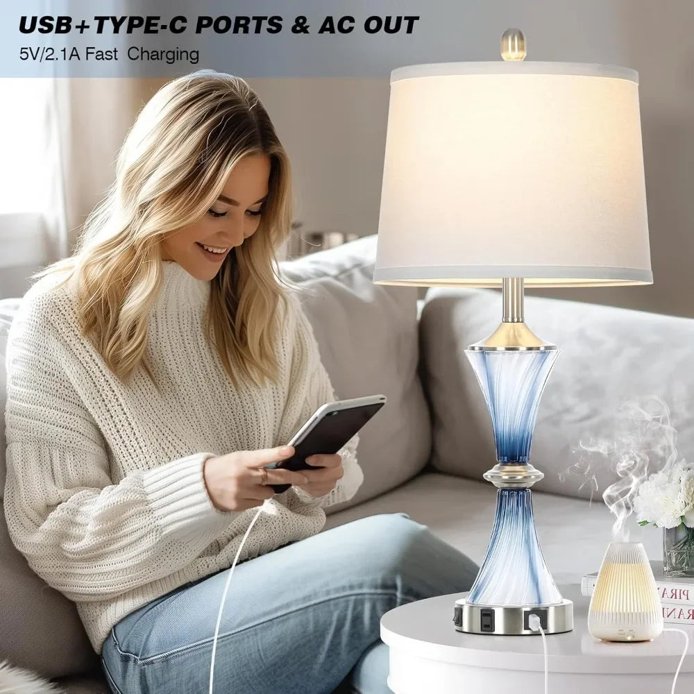 Blue Glass Table Lamps Set Of 2 With USB C And AC Outlet