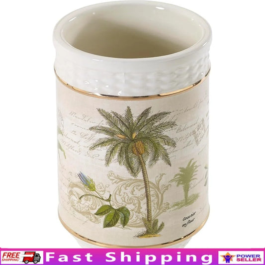 Hand Painted Ceramic Palm Tumbler Bathroom Accessory Coastal Theme Home Decor Tropical Palm Bathroom Essentials