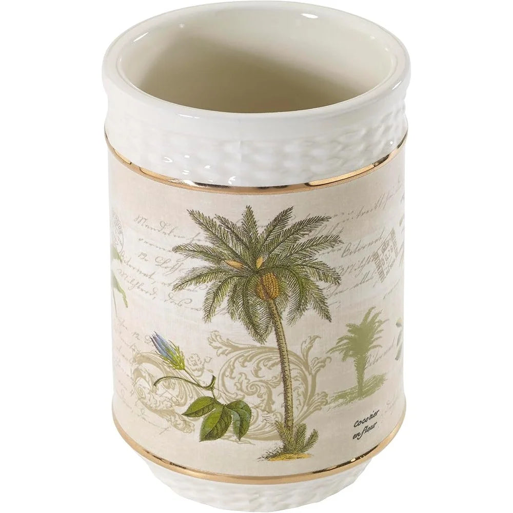 Hand Painted Ceramic Palm Tumbler Bathroom Accessory Coastal Theme Home Decor Tropical Palm Bathroom Essentials