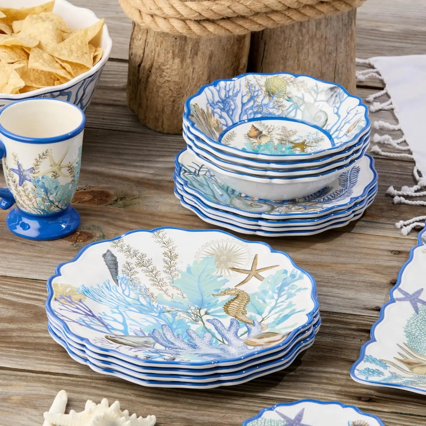 Blue Lagoon Melamine 12 Piece Dinnerware Set Service For 4 Coastal Coral Design 11 Inch Dinner Plates 9 Inch Salad Plate