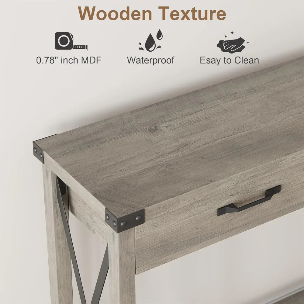 Farmhouse Console Table With 2 Drawers And Storage Shelf Accent Wood Sofa Table For Living Room 43 Inch Deep