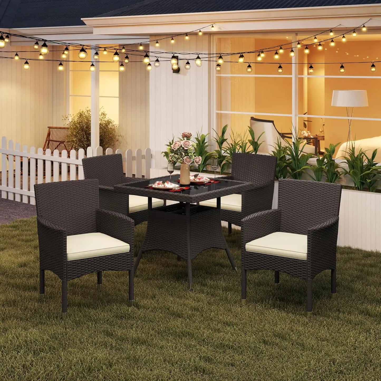 5 Piece Patio Rattan 4 Dining Chairs Tempered Glass Table