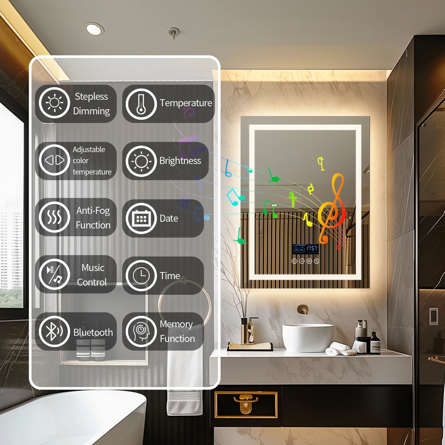 LED Lighted Bathroom Mirror With Bluetooth Speaker RGB Lighting Wall Mount