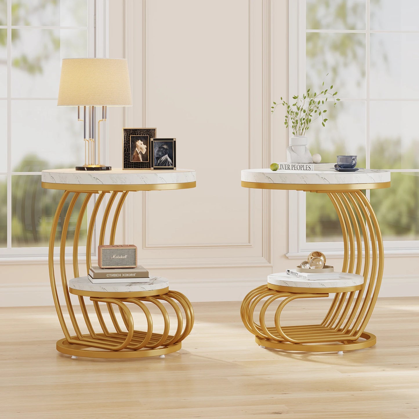 Tribesigns Gold Round End Table 2 Tiers Faux Marble Storage