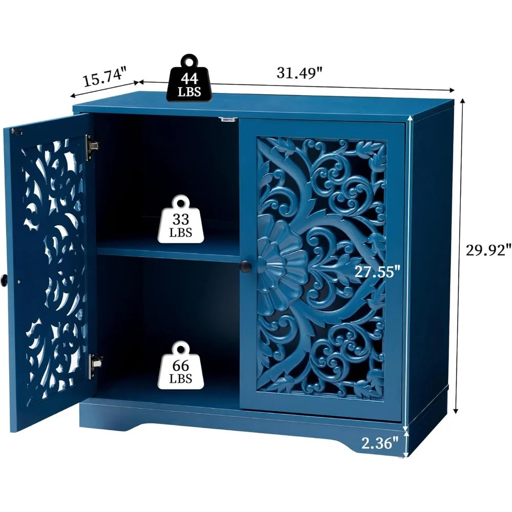 Blue Buffet Cabinet With Storage Wooden Carved Sideboard With Hollow Pattern And Adjustable Shelves Accent 2
