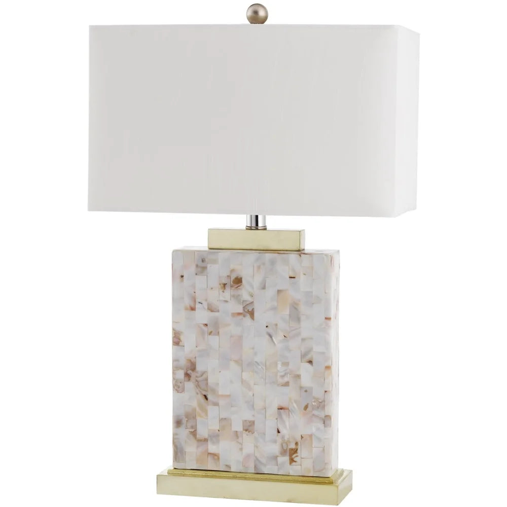 Coastal Shell Table Lamp Mosaic Capiz Shells Brushed Gold Stand White Shade Contemporary Home Decor Living Room Hall Bedroom