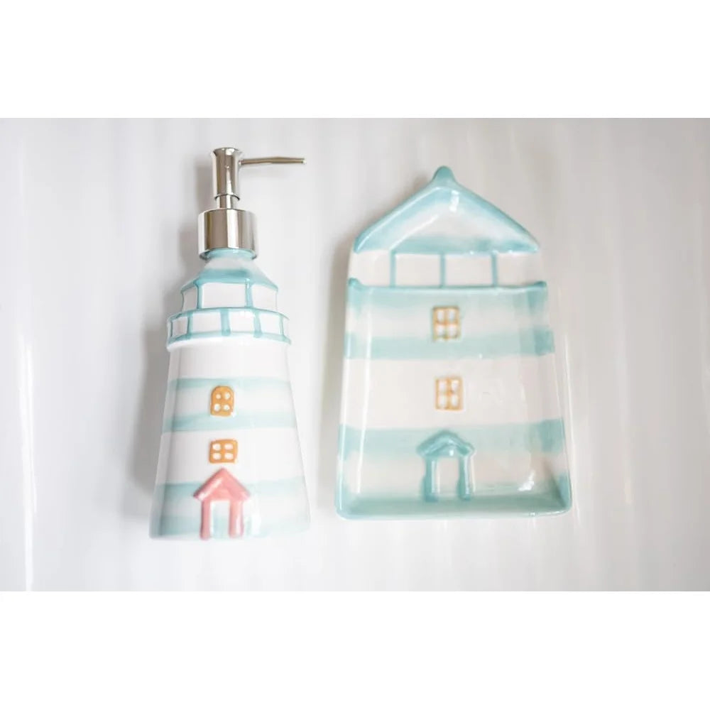 Ceramic Soap Dispenser Nautical Beach Hand Soap Pump Refillable 13oz Liquid Container Coastal Home Decor Bathroom