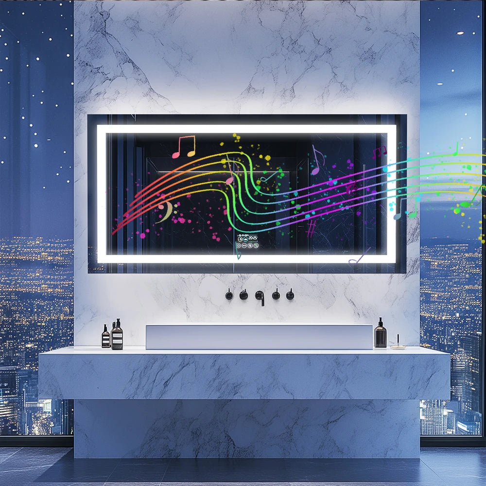 LED Lighted Bathroom Mirror With Bluetooth Speaker RGB Lighting Wall Mount