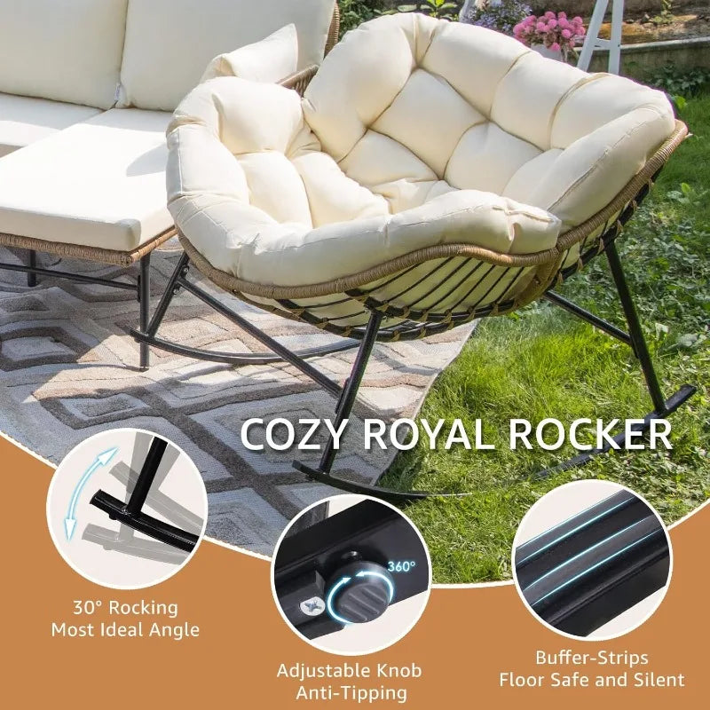 Bohemian Outdoor 7 Piece Wicker Patio Sectional Sofa With Rocker Chair Beige