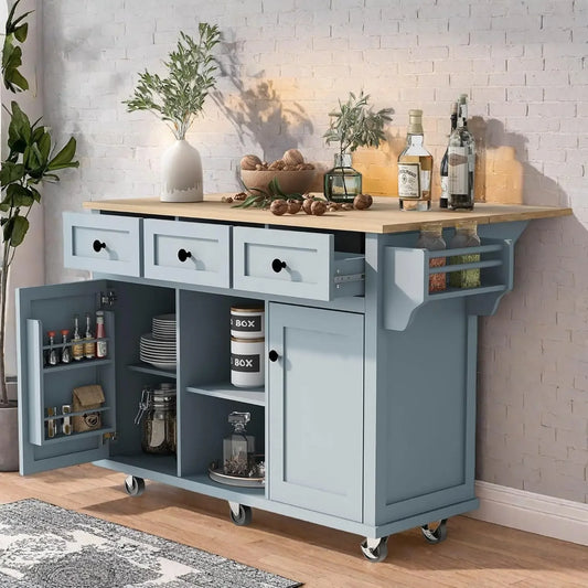 Gray Blue Kitchen Island On Wheels With Drop Leaf Storage
