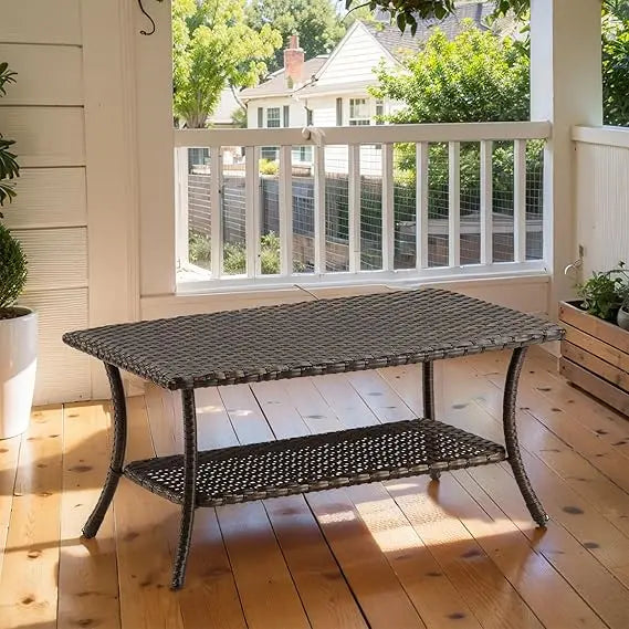 Outdoor Rattan Coffee Table With 2 Layer Storage For Garden Porch Backyard