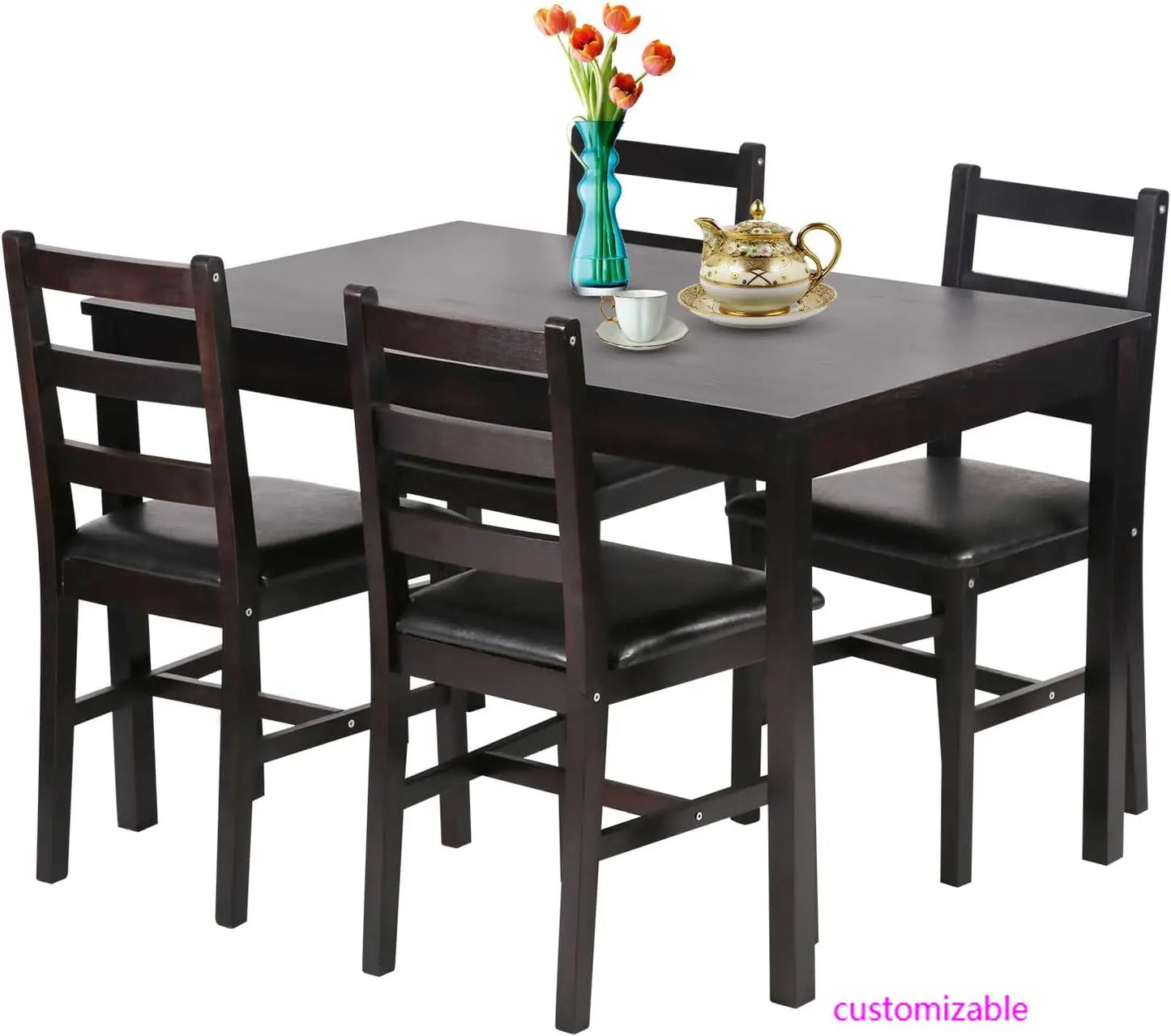 5 Piece Kitchen Dining Room Set Mid Century Wood Table and Chairs Dark Brown