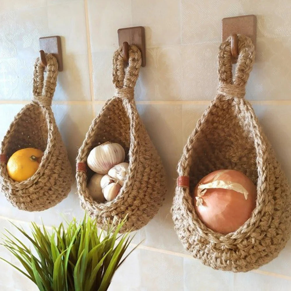 Hanging Fruit Basket Boho Jute Handwoven Kitchen Baskets