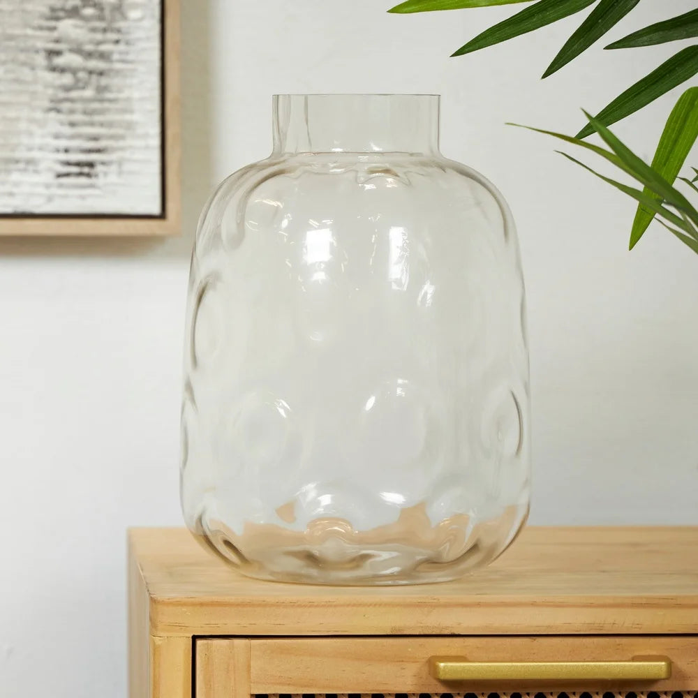 Coastal Gray Glass Vase Bubble Texture Round Jar 11Inch