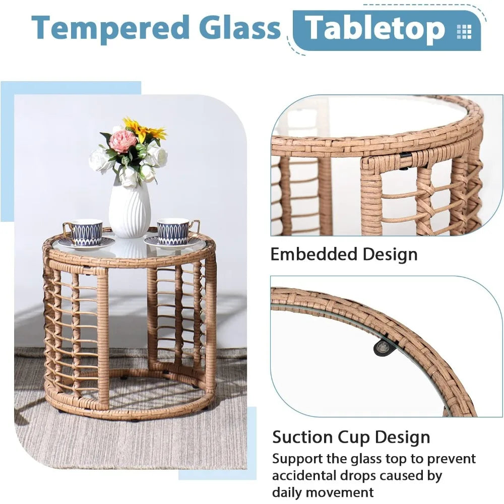 All Weather Round Wicker End Table With Glass Top For Outdoor Patio And Backyard