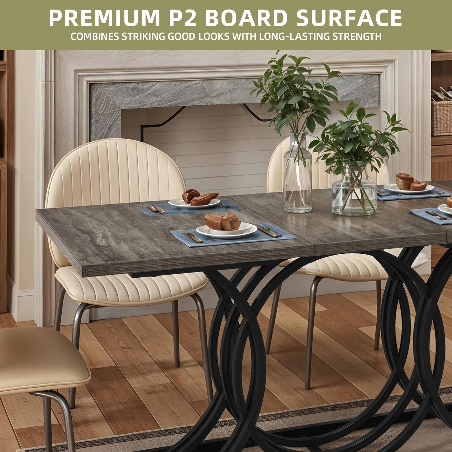 63 Inch Faux Marble Gray Dining Table For 6 With Metal Legs