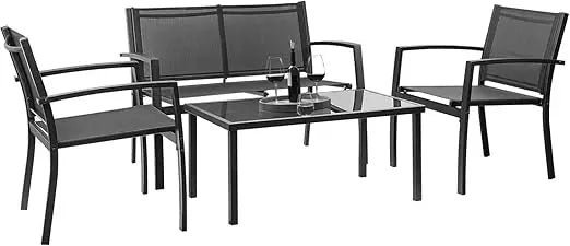 Black 4 Pieces Outdoor Patio Furniture Set With Glass Coffee Table For Garden And Poolside