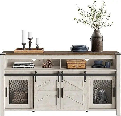 Farmhouse Buffet Cabinet Rustic Sideboard Sliding Barn Doors Mesh Doors 59 Inch Coffee Bar Storage Cabinet For Kitchen