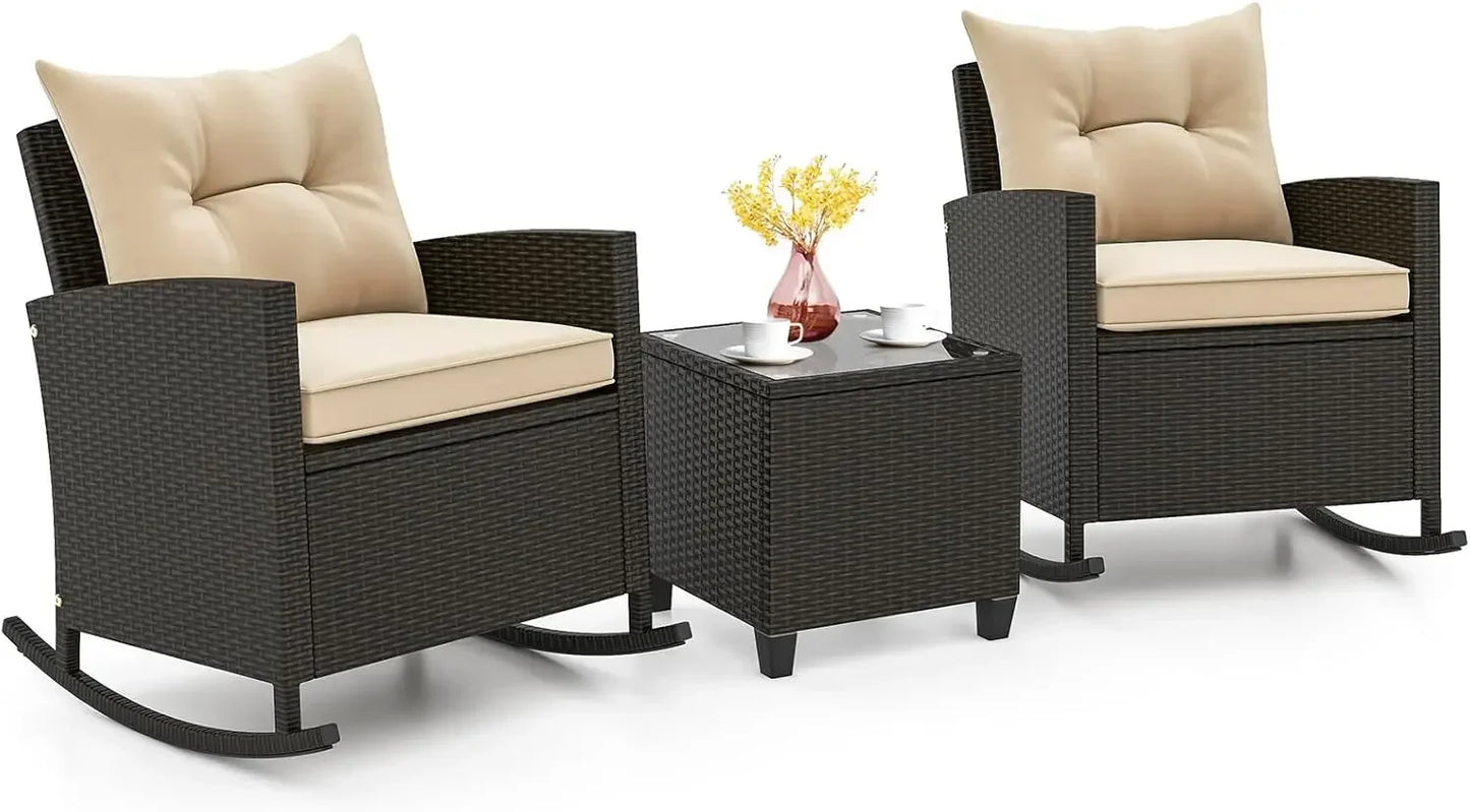 3 Piece Patio Rocking Bistro Set Wicker Outdoor Glass