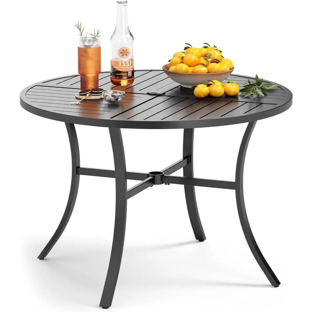 Outdoor Round Dining Table for Four 42 Inch Wrought Iron Umbrella Hole Patio