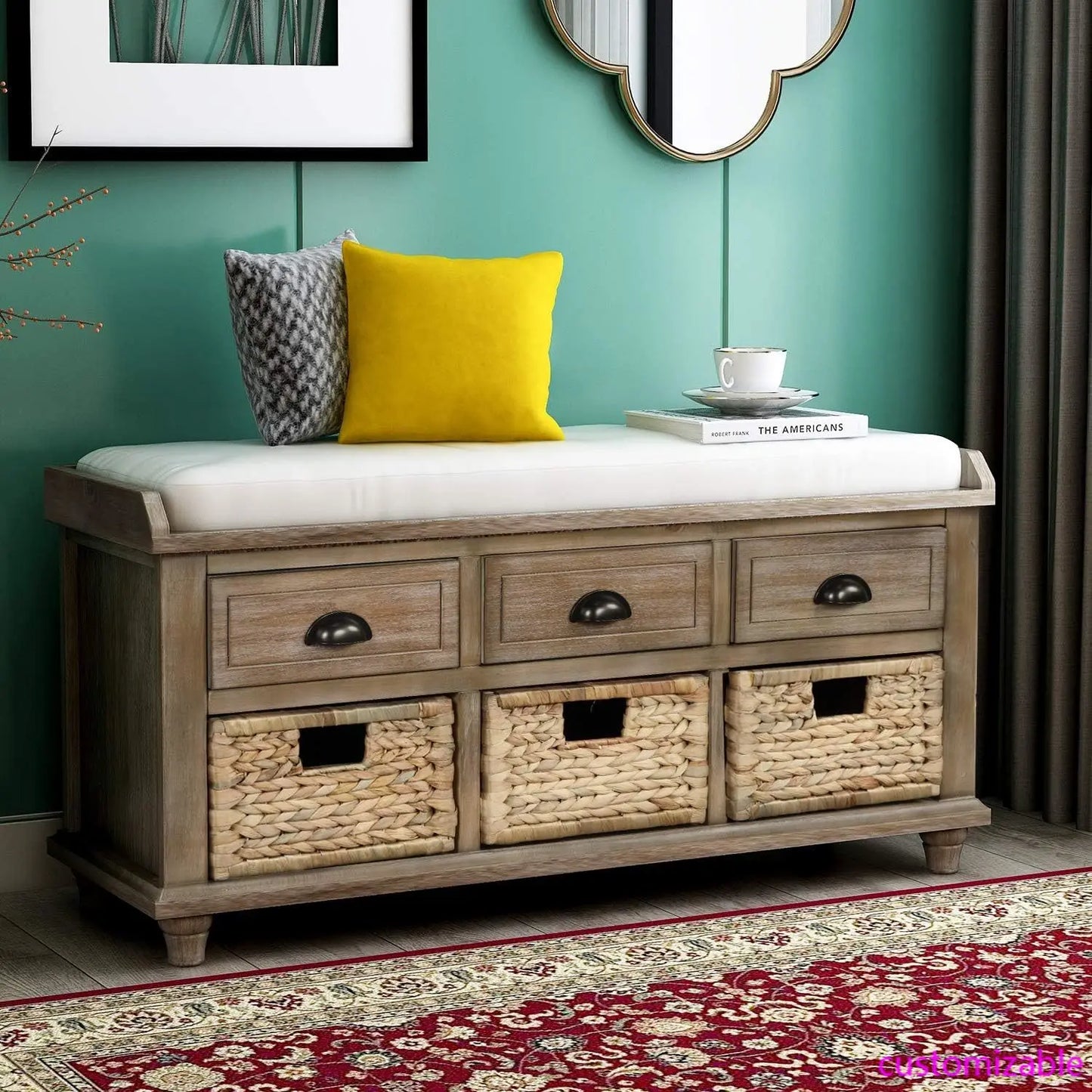 Wood Storage Bench With 3 Drawers And 3 Rattan Baskets, Rattan Entryway Bench With Removable Cushion White Washed