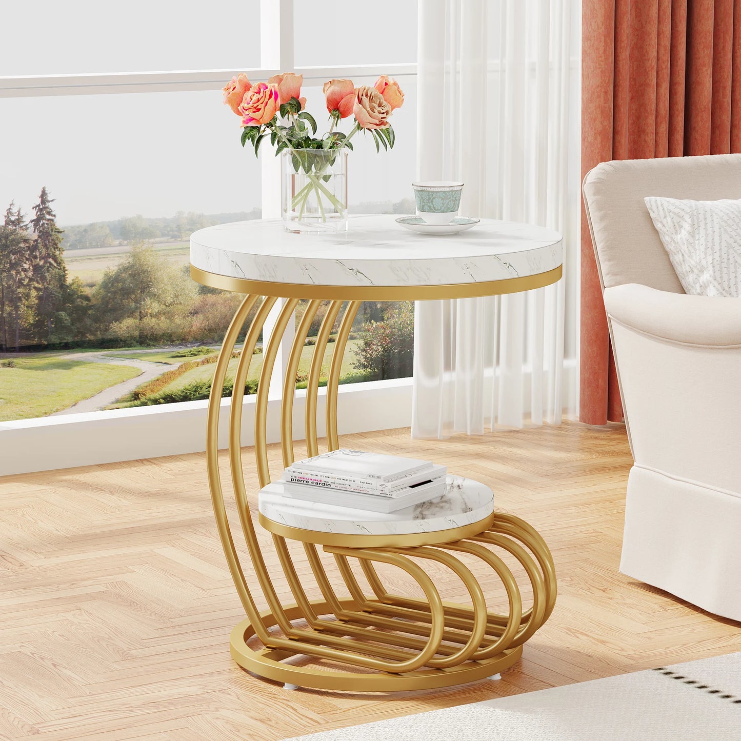 Tribesigns Gold Round End Table 2 Tiers Faux Marble Storage