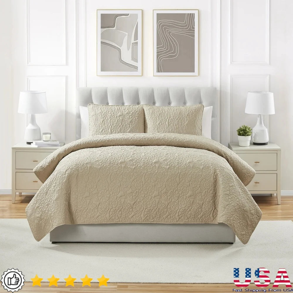 Coastal 3 Piece Quilt Set Seashell Pattern King Size Machine Washable Microfiber