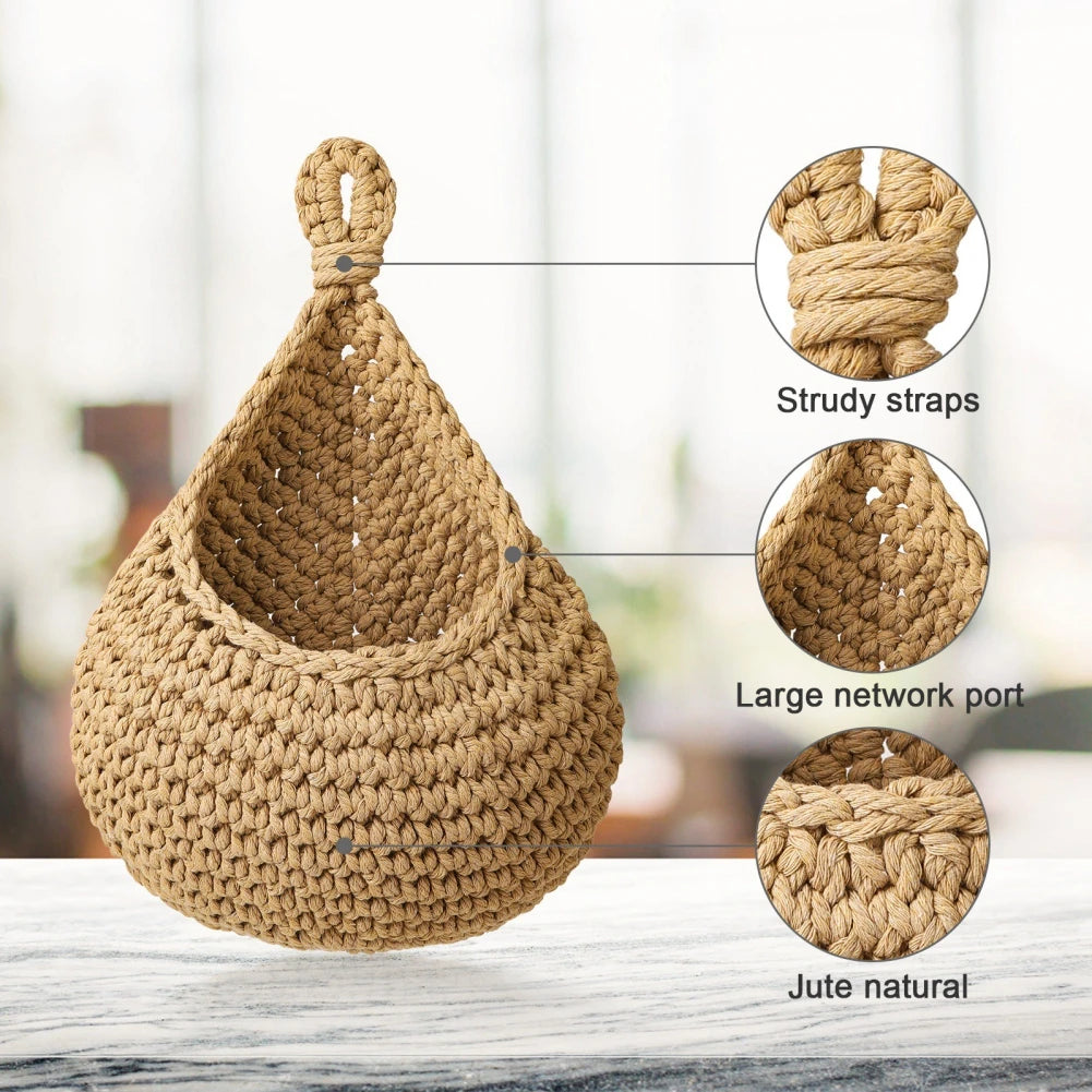 Hanging Fruit Basket Boho Jute Handwoven Kitchen Baskets