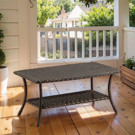Outdoor Rattan Coffee Table With 2 Layer Storage For Garden Porch Backyard