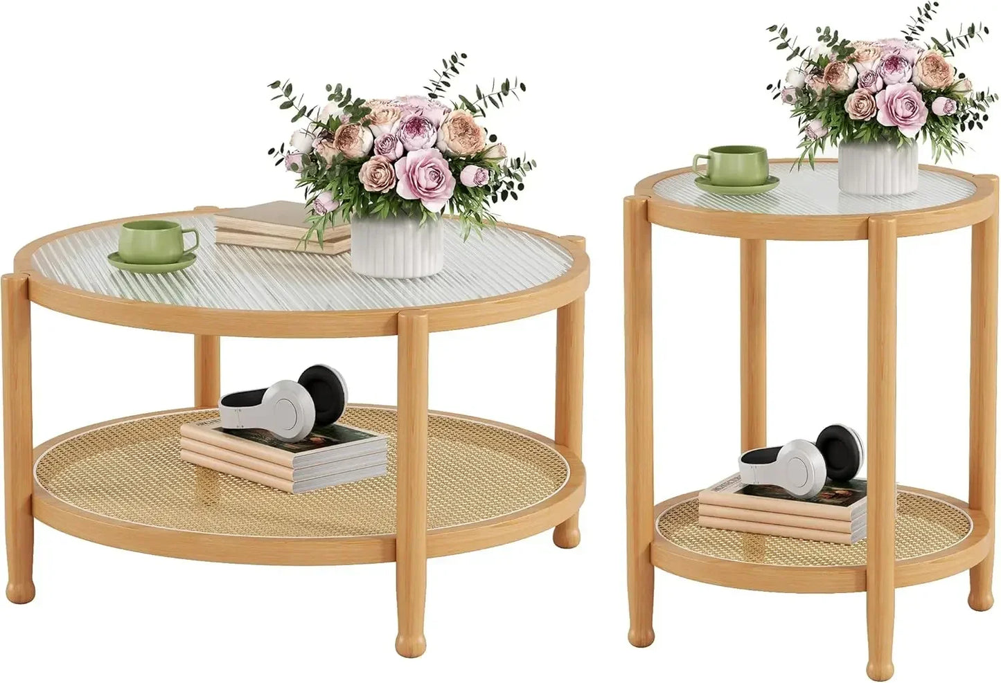 Rattan Round Coffee Table Set of 2 Farmhouse Boho Wood Two Tier Storage
