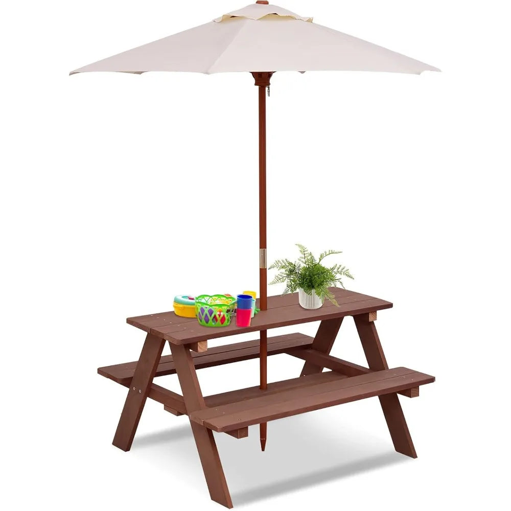 Kids Outdoor Wooden Picnic Table Bench Set With Removable Umbrella