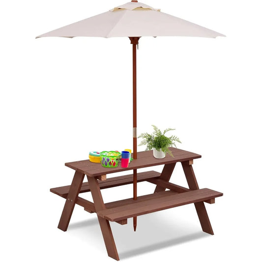 Kids Outdoor Wooden Picnic Table Bench Set With Removable Umbrella