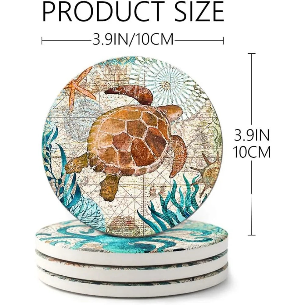 Absorbing Stone Coasters Ocean Life Ceramic Set Of 8 With Cork Base Holder