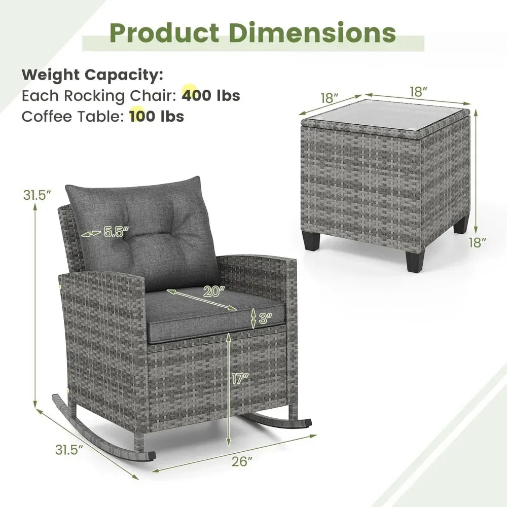 3 Piece Patio Rocking Bistro Set Wicker Outdoor Glass