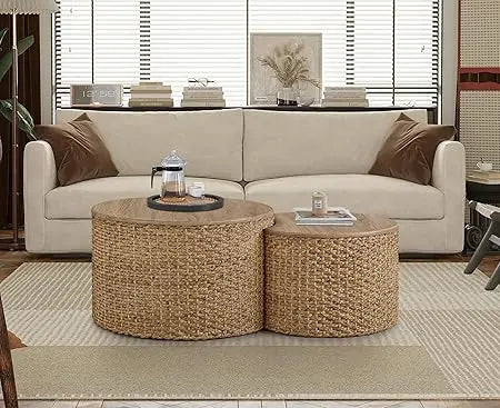 Nesting Coffee Table Set of 2 Coastal Woven Coffee Table with Storage Solid Wood Cover