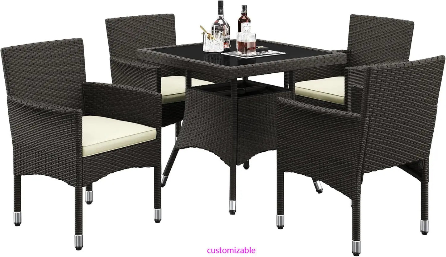 5 Piece Patio Rattan 4 Dining Chairs Tempered Glass Table