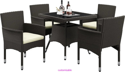 5 Piece Patio Rattan 4 Dining Chairs Tempered Glass Table