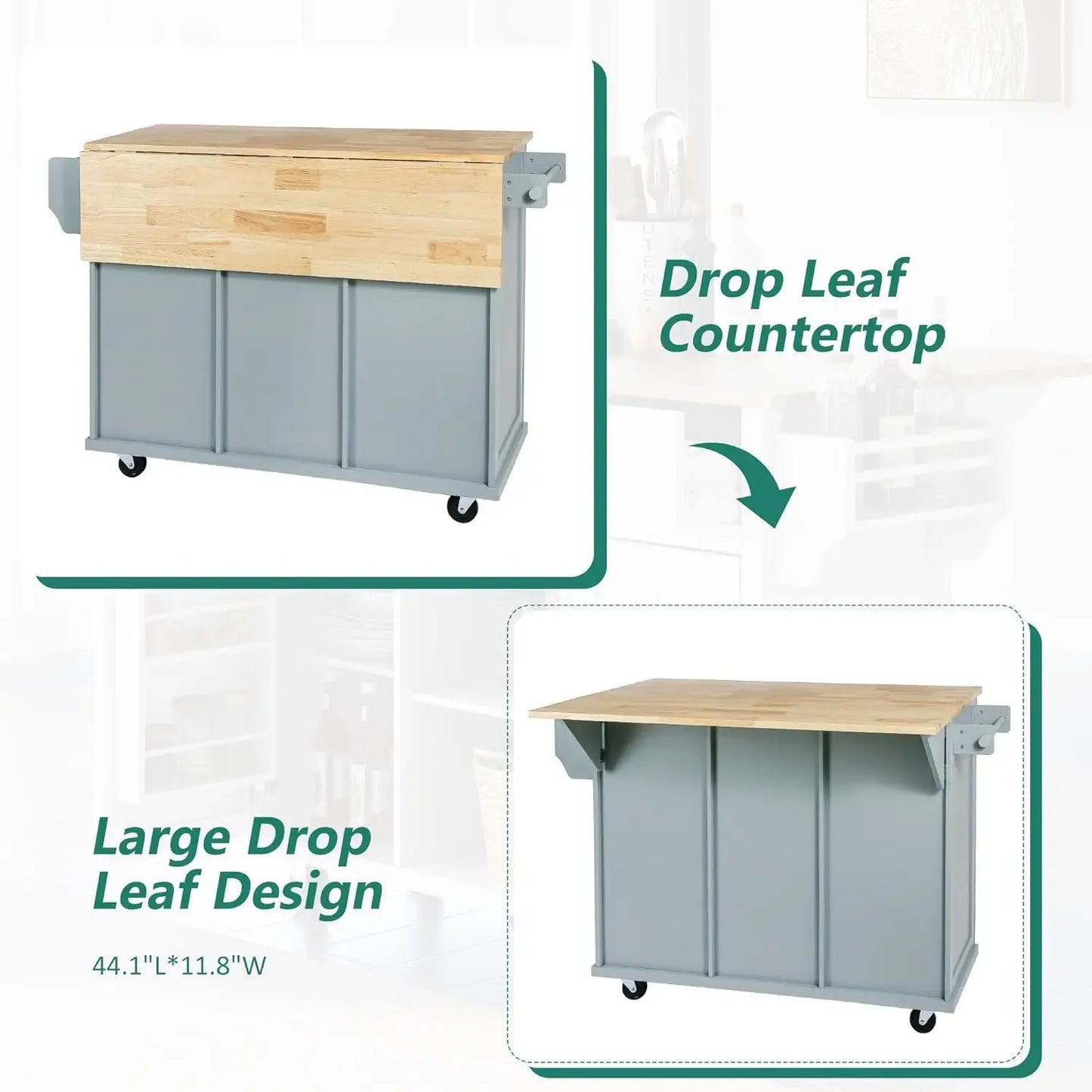 Gray Blue Kitchen Island On Wheels With Drop Leaf Storage