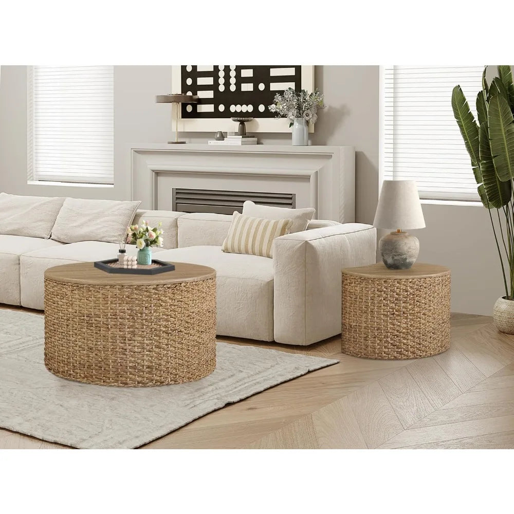 Nesting Coffee Table Set of 2 Coastal Woven Coffee Table with Storage Solid Wood Cover