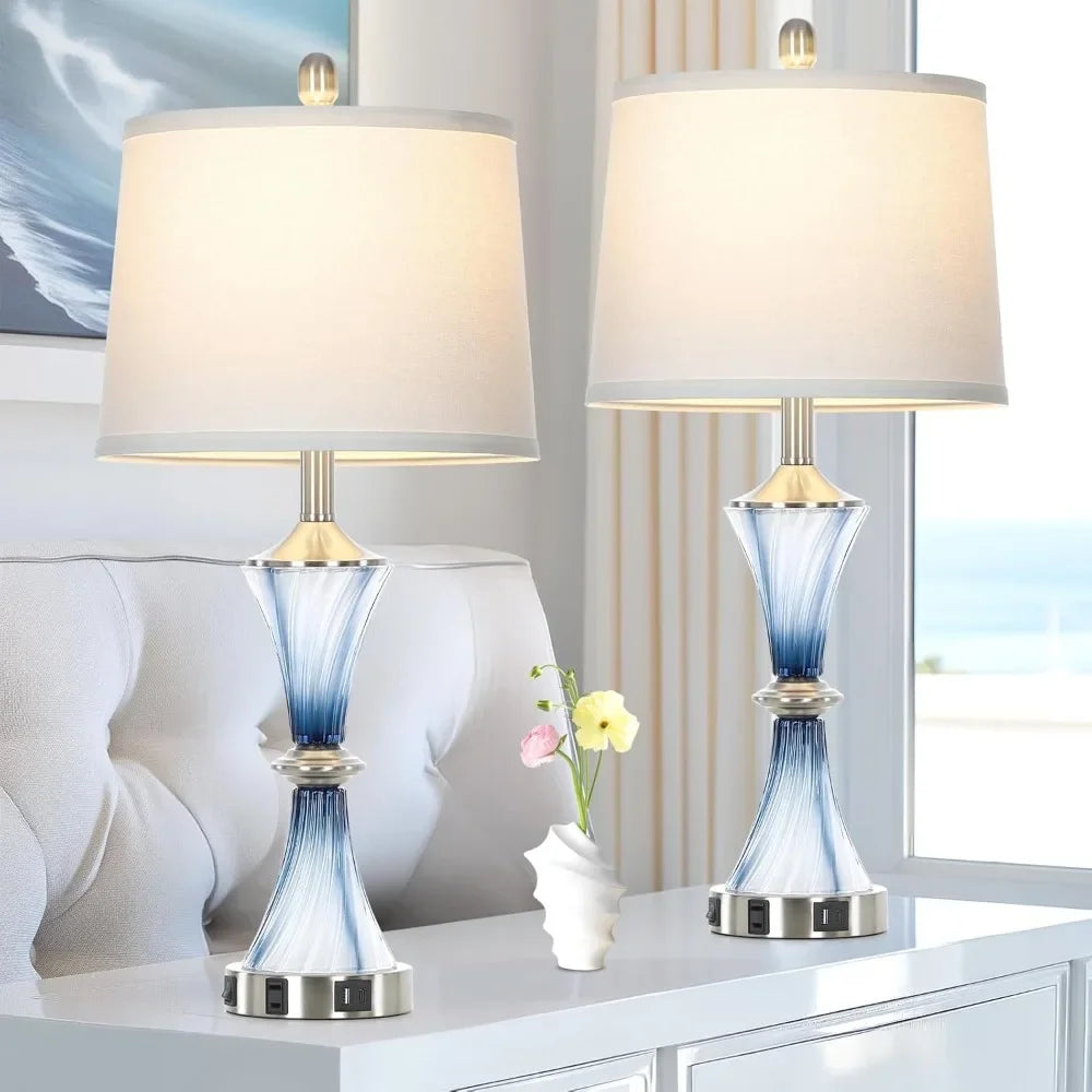 Blue Glass Table Lamps Set Of 2 With USB C And AC Outlet