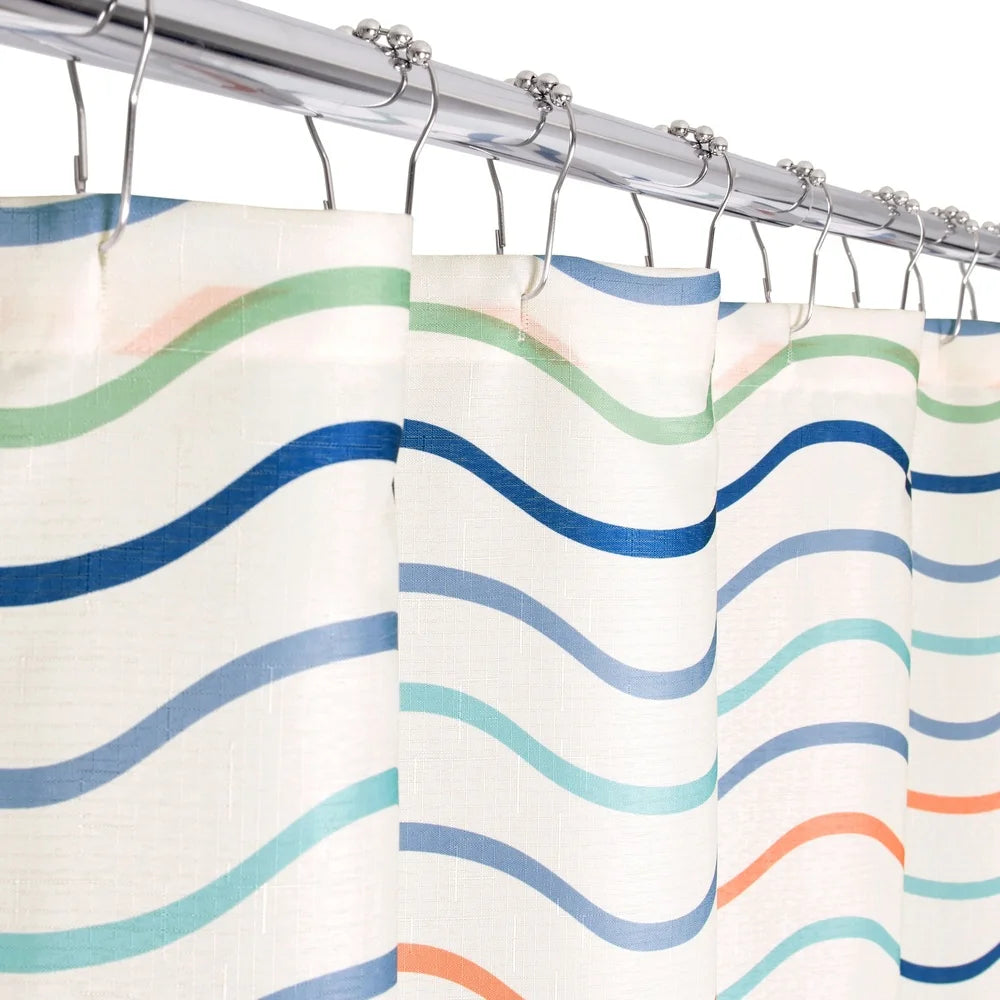 Coastal 13 Piece Fabric Shower Curtain Set With Chrome Hooks Wavy Stripe Design Bathroom Privacy And Water Protection