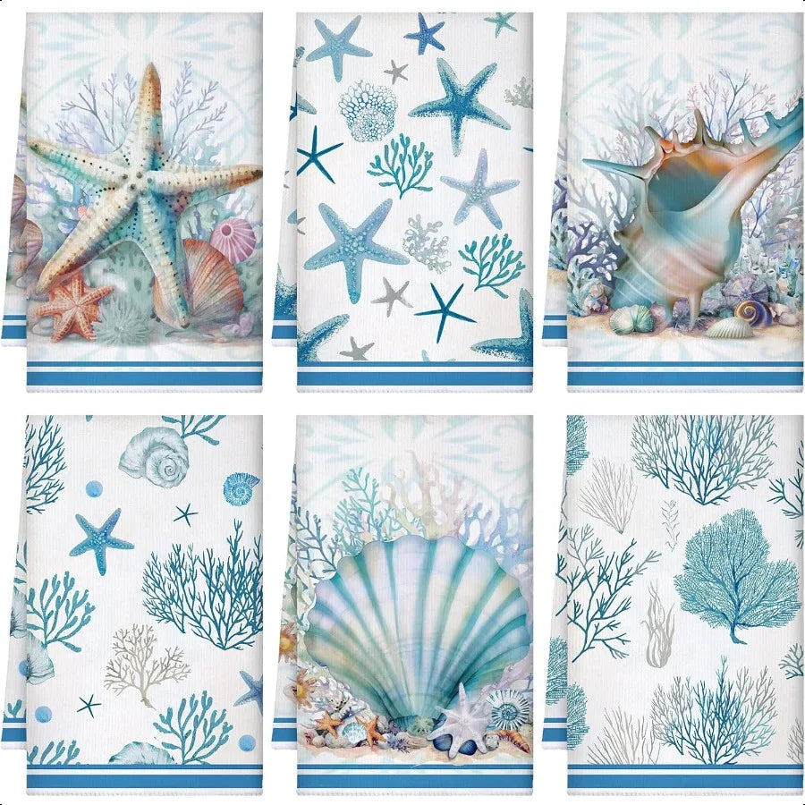 Set Of 6 Beach Kitchen Towels Ocean Nautical Starfish