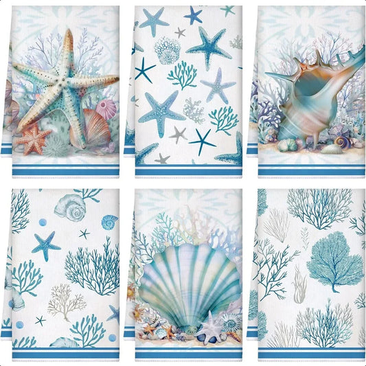 Set Of 6 Beach Kitchen Towels Ocean Nautical Starfish