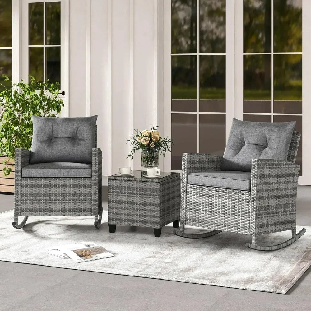 3 Piece Patio Rocking Bistro Set Wicker Outdoor Glass