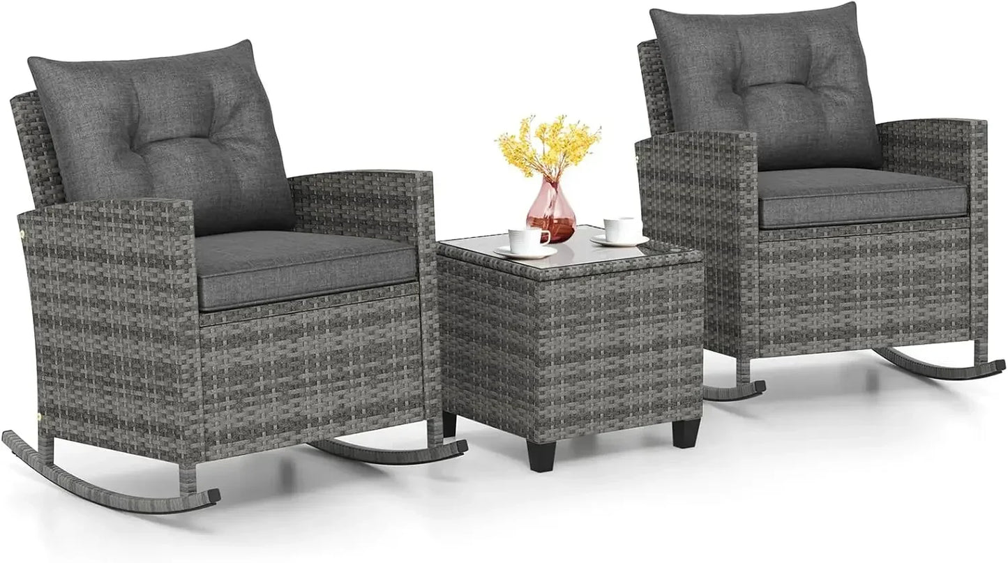 3 Piece Patio Rocking Bistro Set Wicker Outdoor Glass