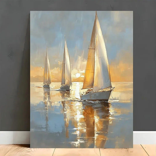 Pastel Sailing Boat Canvas Art Framed In Wood Home Decor