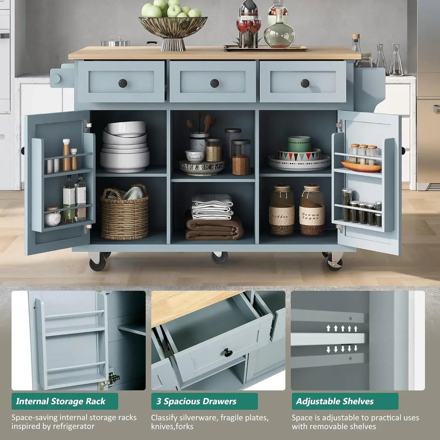 Gray Blue Kitchen Island On Wheels With Drop Leaf Storage