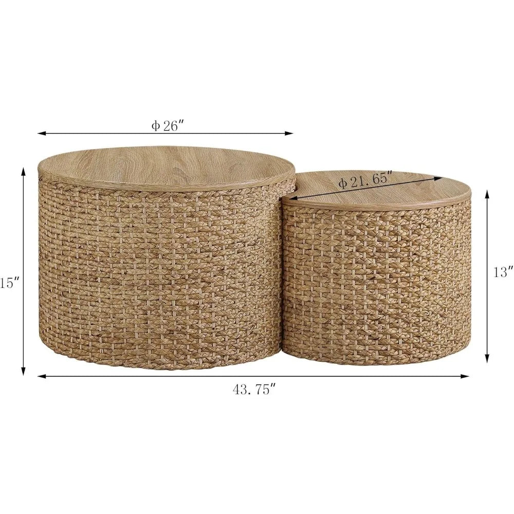 Nesting Coffee Table Set of 2 Coastal Woven Coffee Table with Storage Solid Wood Cover