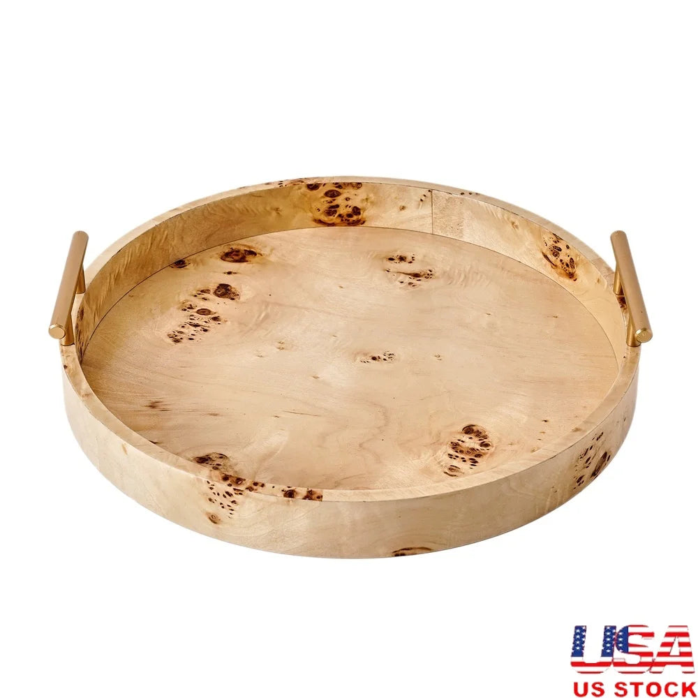 Round Burlwood Serving Tray With Gold Handles Lightweight Accent Piece For Drinks And Appetizers Home Decor 15.75 Inch