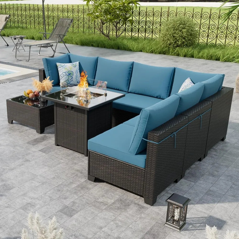 Outdoor Patio Furniture Set with Fire Pit Table Wicker Sofa